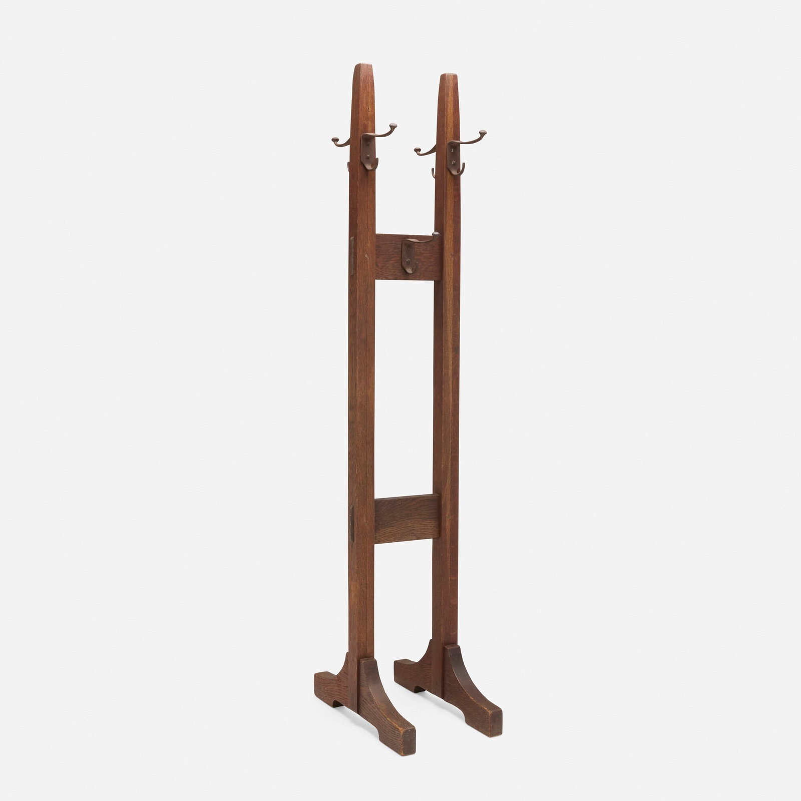 Gustav Stickley, Double costumer, model 53: Gustav Stickley Double costumer, model 53 USA, c. 1905-1910 oak, iron 72.25 h x 13 w x 21.625 d in (184 x 33 x 55 cm) Provenance: Estate of Ethel Leichti, Oak Park, IL Literature: 1904 Furniture