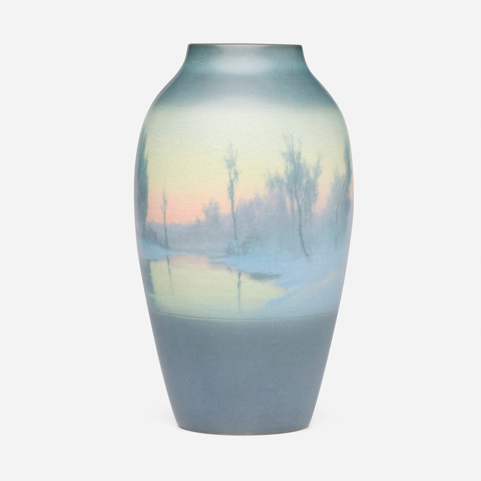 Fred Rothenbusch for Rookwood Pottery, Banded scenic Vellum vase with winter landscape: Fred Rothenbusch for Rookwood Pottery Banded scenic Vellum vase with winter landscape USA, 1911 glazed earthenware 13 h x 7.5 dia in (33 x 19 cm) Impressed manufacturer's mark, date, number and