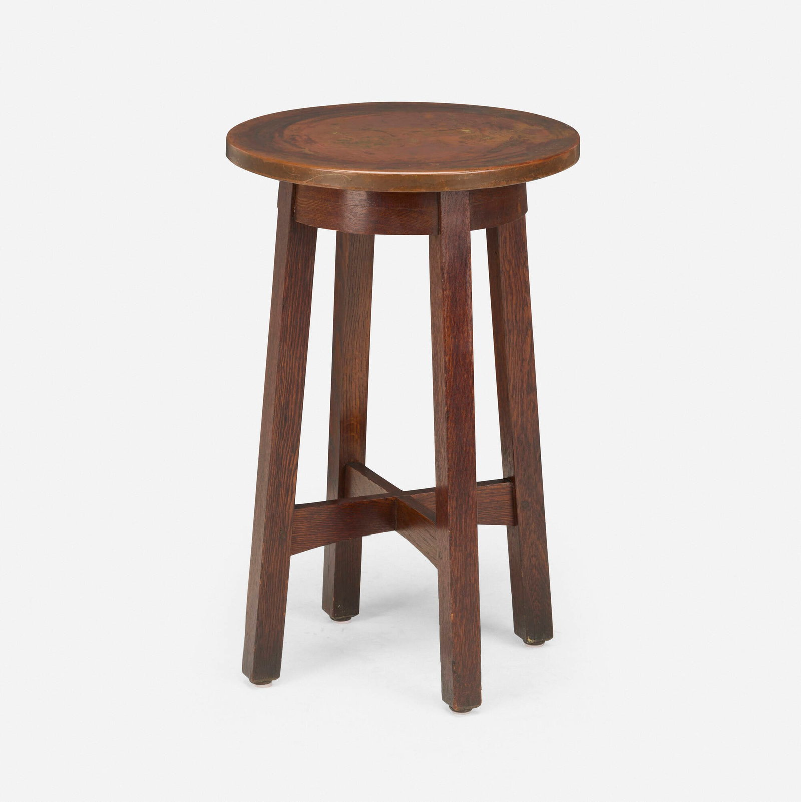L. & J.G. Stickley, Drink stand, model 22: L. & J.G. Stickley Drink stand, model 22 USA, 1906-1912 oak, copper 28.5 h x 18 dia in (72 x 46 cm) Decal manufacturer's label to side of one leg 'L. & J.G. Stickley Handcraft'. Li