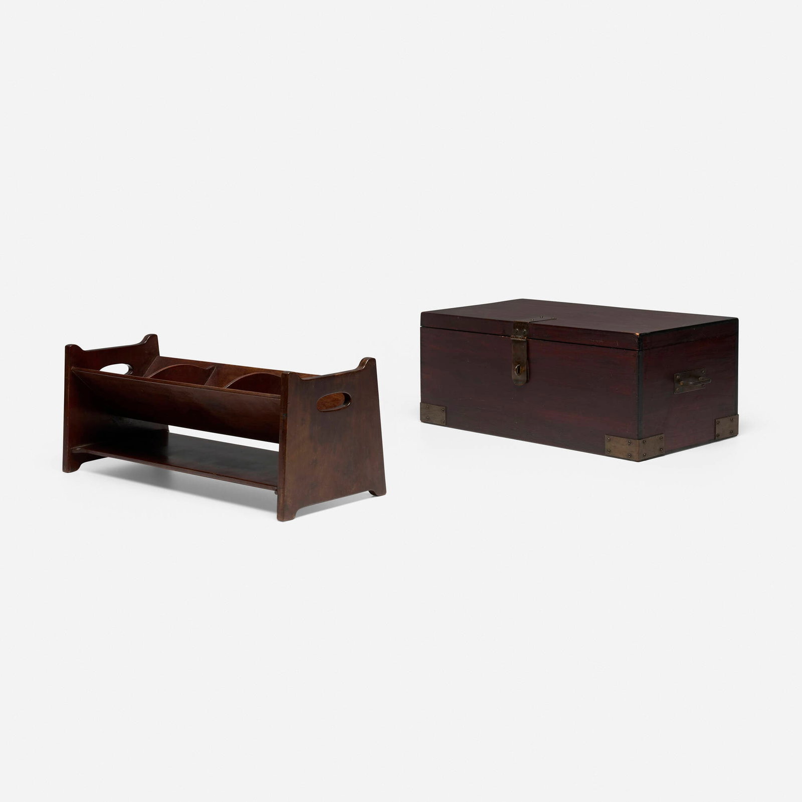 Roycroft, Goodie box: Roycroft Goodie box USA, c. 1910 gumwood, copper, iron goodie box: 9.5 h x 25.25 w x 13 d in (24 x 64 x 33 cm) book rack: 9.5 h x 24 w x 9.5 d in (24 x 61 x 24 cm) Carved orb and cross to lid of box.