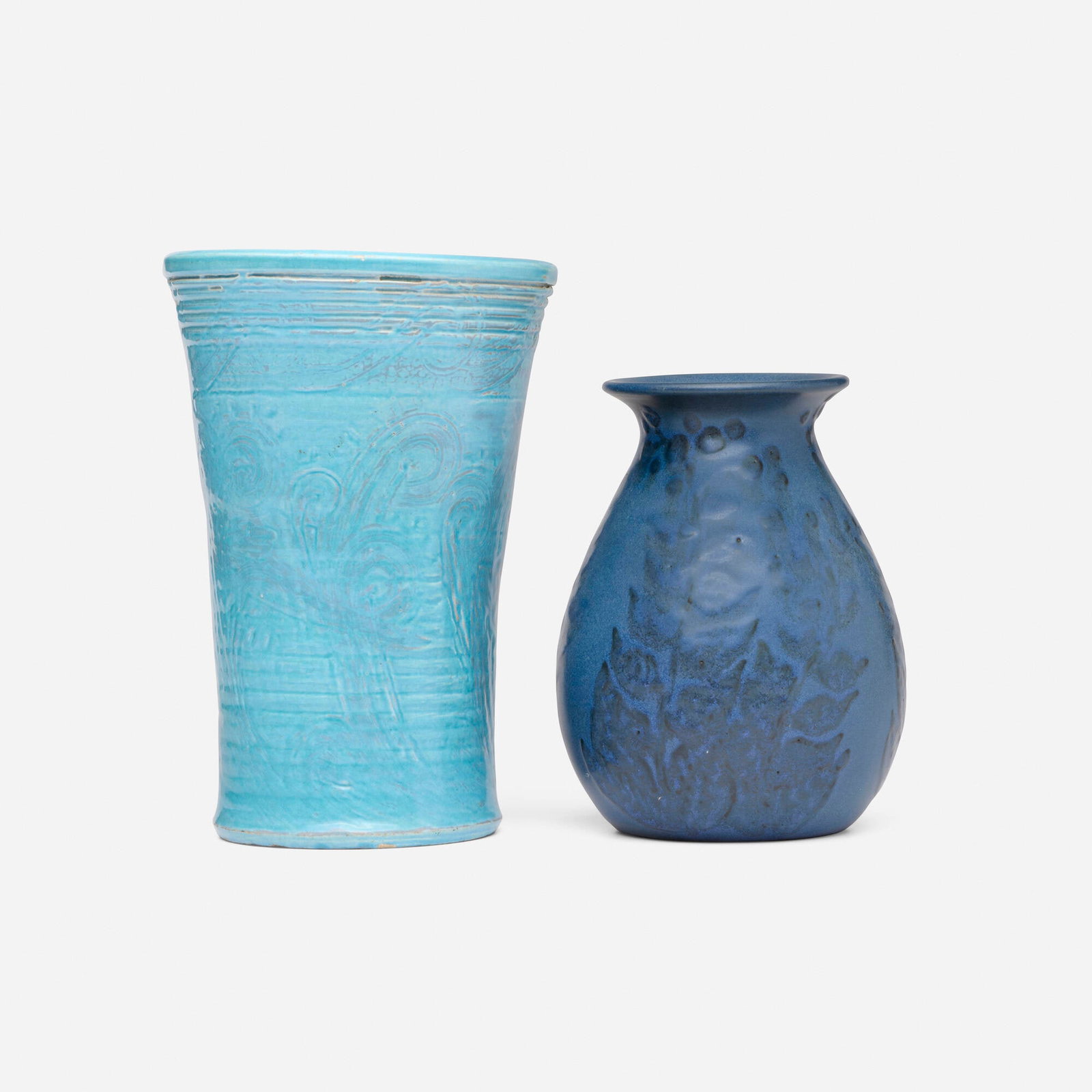 Marblehead Pottery, Vases with floral and leaf decorations, set of two (1 of 3)