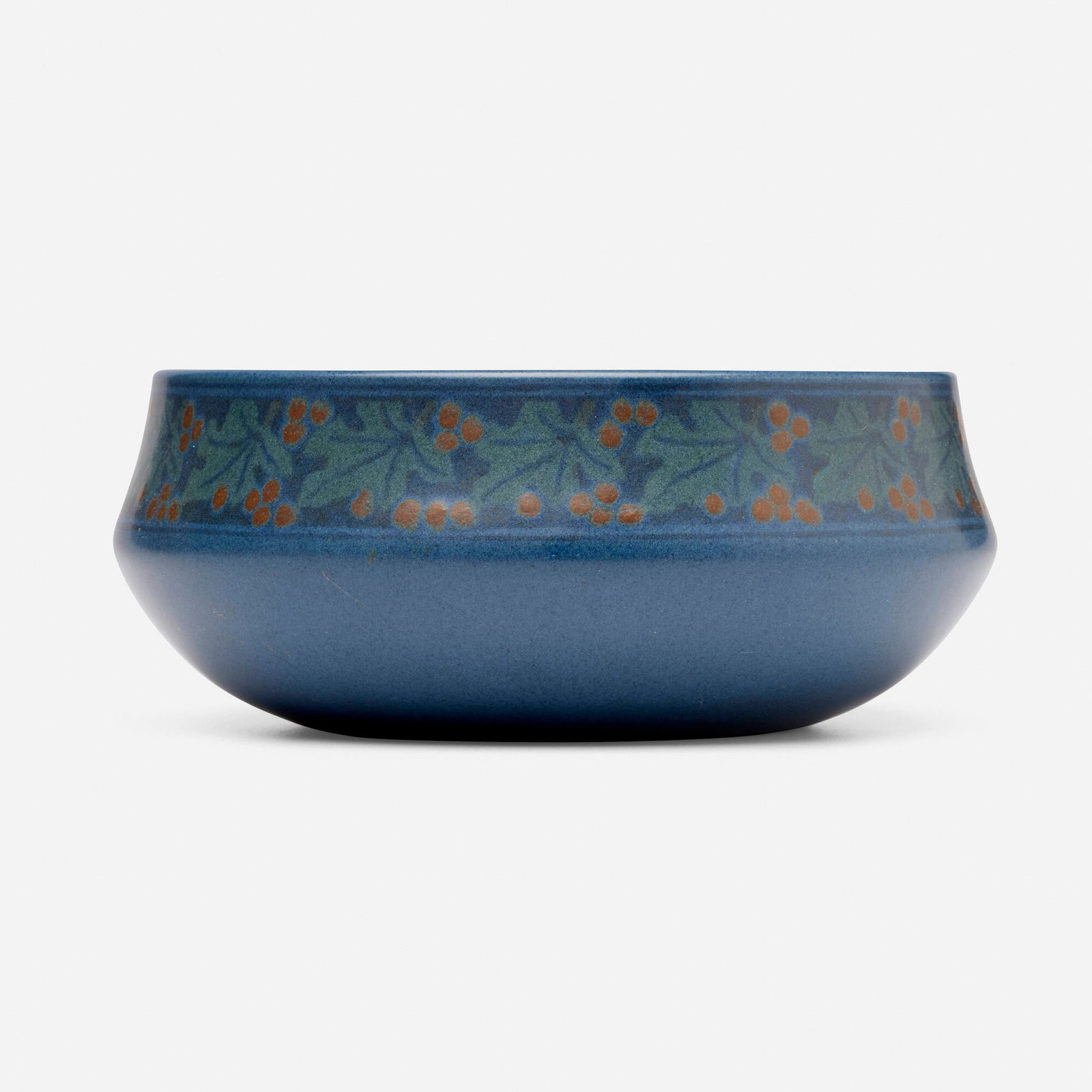 Marblehead Pottery, Bowl with holly leaves and berries: Marblehead Pottery Bowl with holly leaves and berries USA, c. 1910 glazed earthenware 2.5 h x 6.25 dia in (6 x 16 cm) Impressed manufacturer's mark to underside 'MP' with ship symbol.