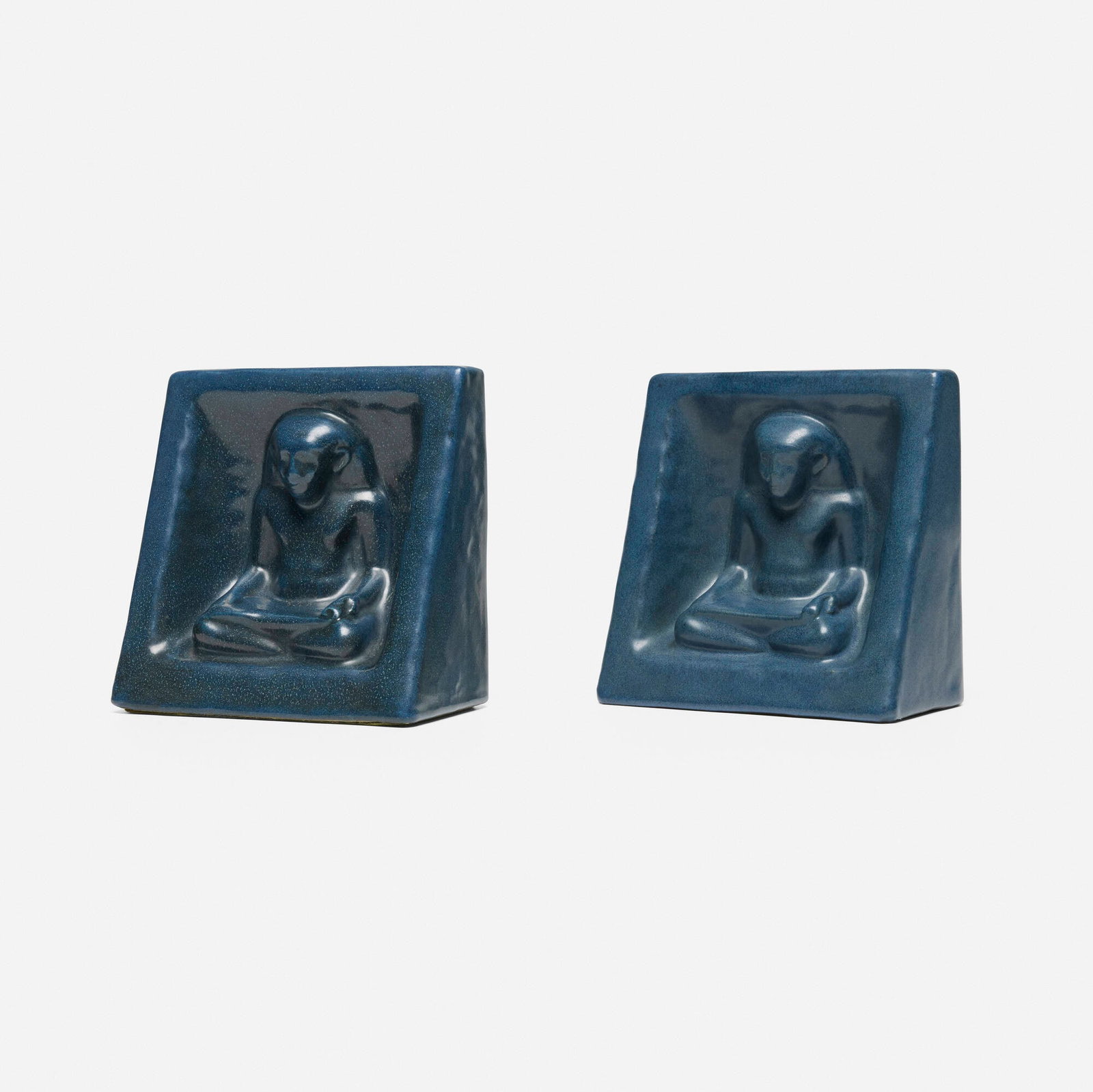 Marblehead Pottery, Egyptian Revival bookends with seated scribes, pair (1 of 6)