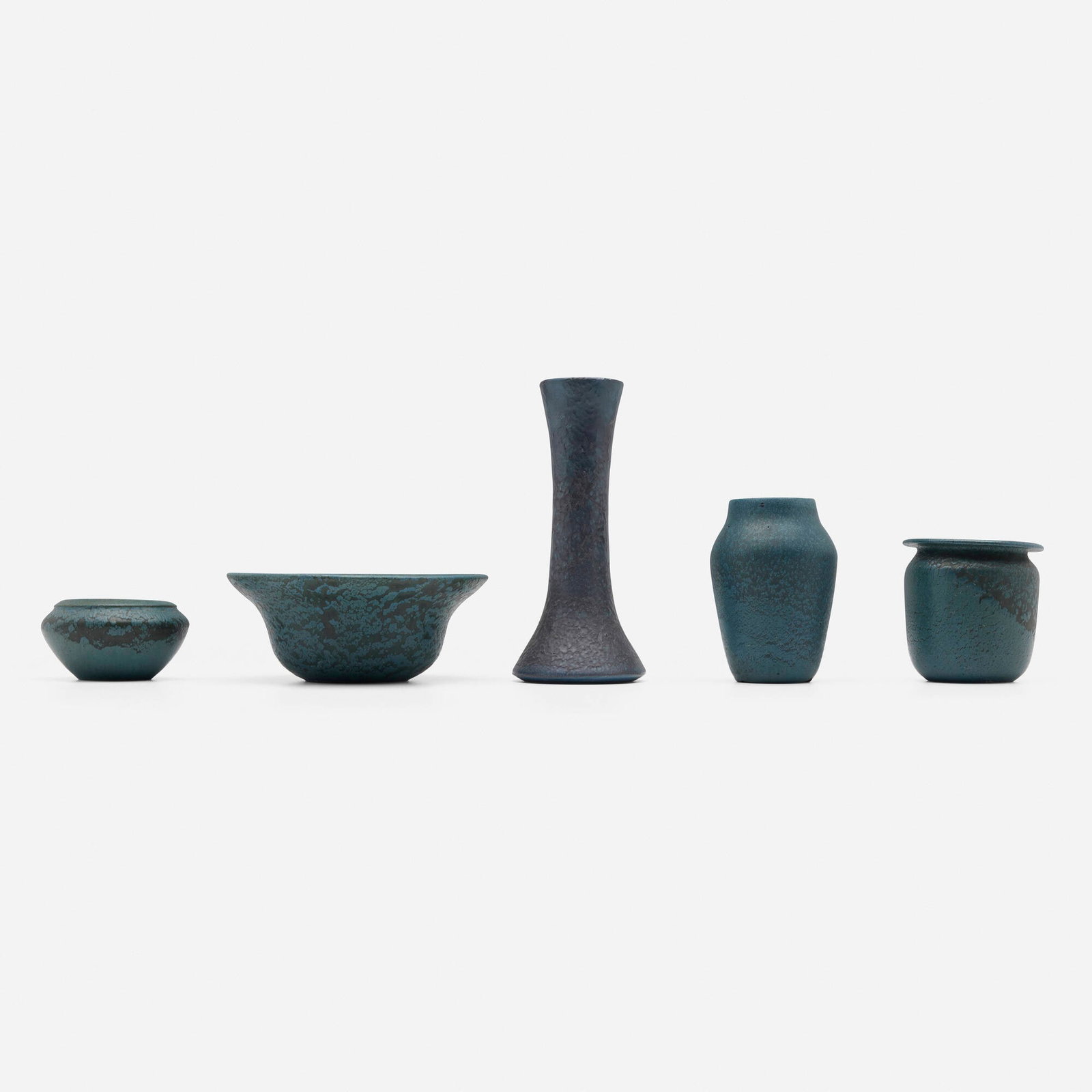 Marblehead Pottery, Collection of five Early vessels: Marblehead Pottery Collection of five Early vessels USA, c. 1905-08 glazed earthenware largest: 3.5 h x 8.5 dia in (9 x 22 cm) smallest: 2.75 h x 5 dia in (7 x 13 cm) Collection comprises four vases
