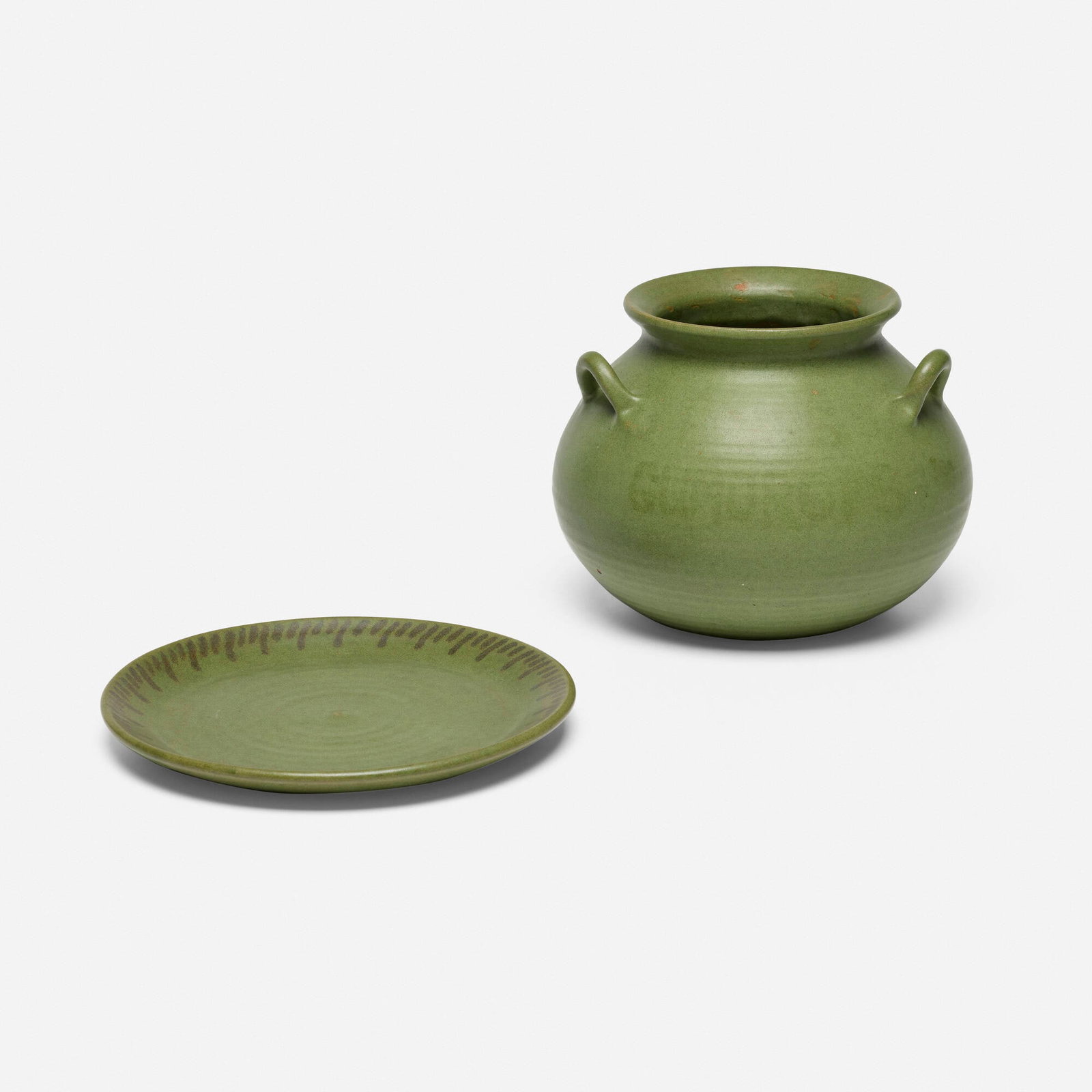 Marblehead Pottery, Pop's Gumdrops jar and decorated plate: Marblehead Pottery Pop's Gumdrops jar and decorated plate USA, c. 1920 glazed earthenware jar: 7 h x 9 dia in (18 x 23 cm) plate: 1 h x 9.5 dia in (3 x 24 cm) Impressed manufacturer's mark to und