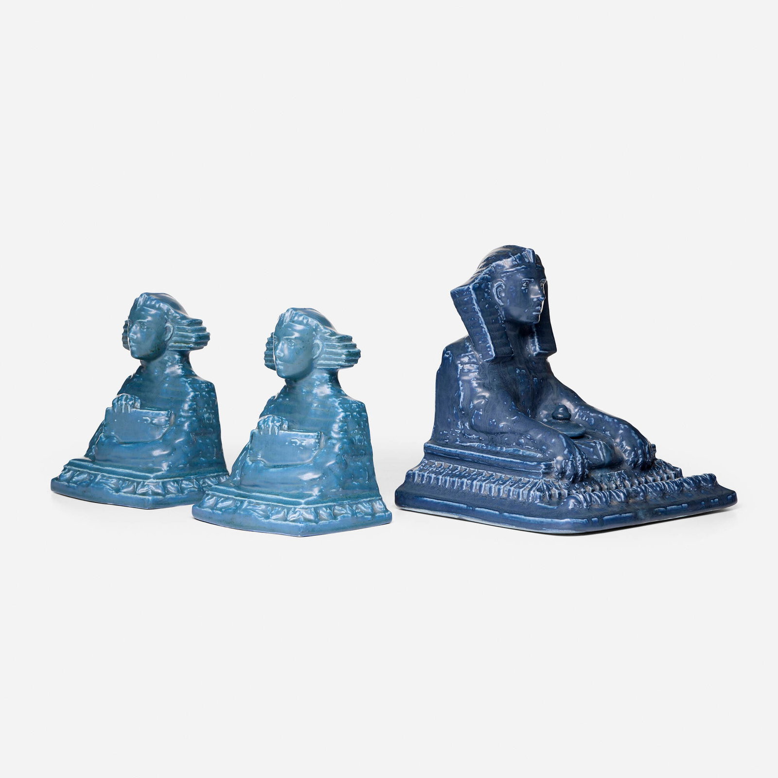 Louise Abel for Rookwood Pottery, Three Egyptian Revival Sphinx production desk articles: Louise Abel for Rookwood Pottery Collection of three Egyptian Revival Sphinx production desk articles USA, 1919, 1921 glazed porcelain 9 h x 8.75 w x 8.5 d in (23 x 22 x 22 cm) 7.25 h x 5.75 w x 4.5 d