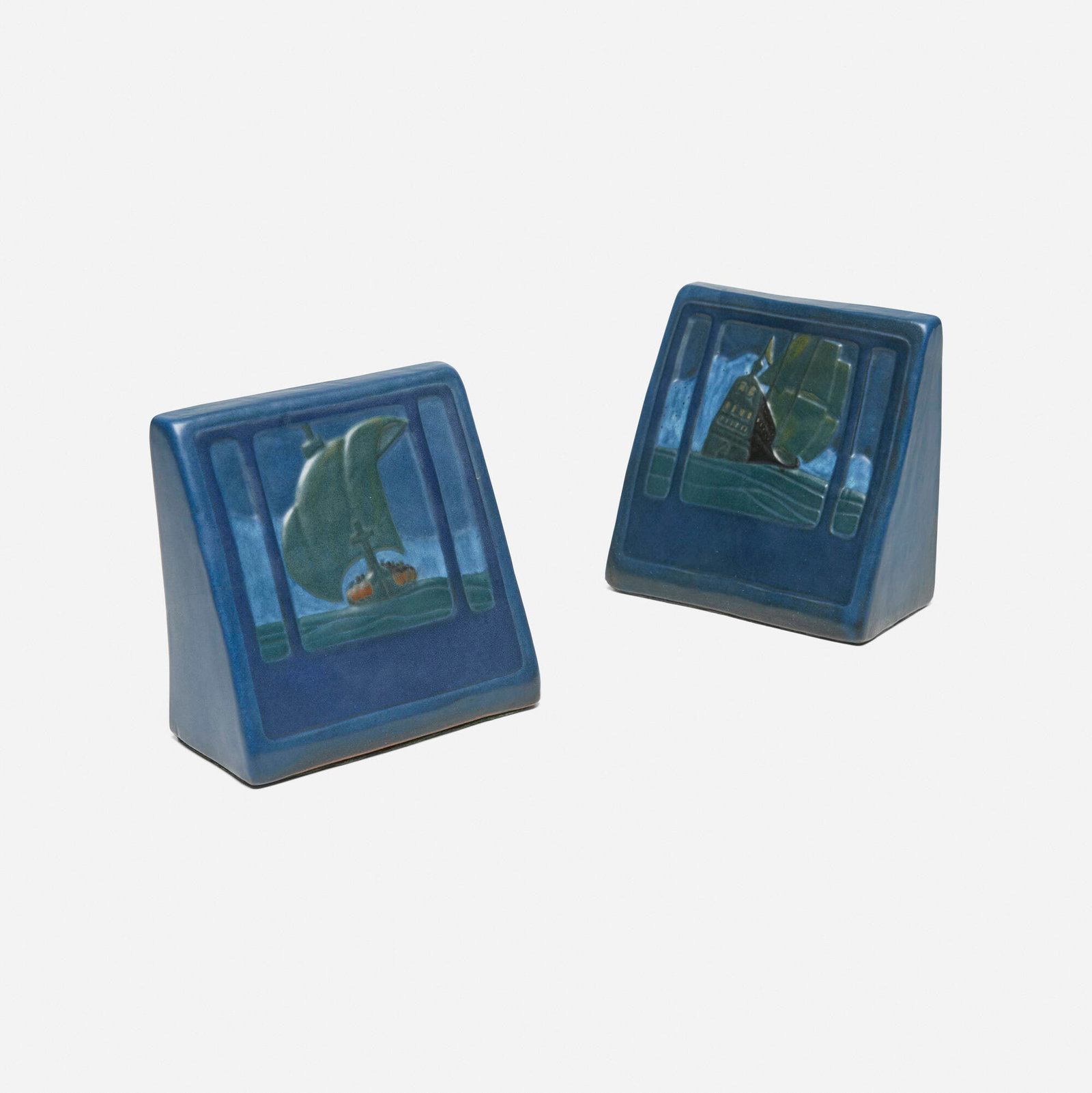 Marblehead Pottery, Bookends with galleons at sea, pair (1 of 3)