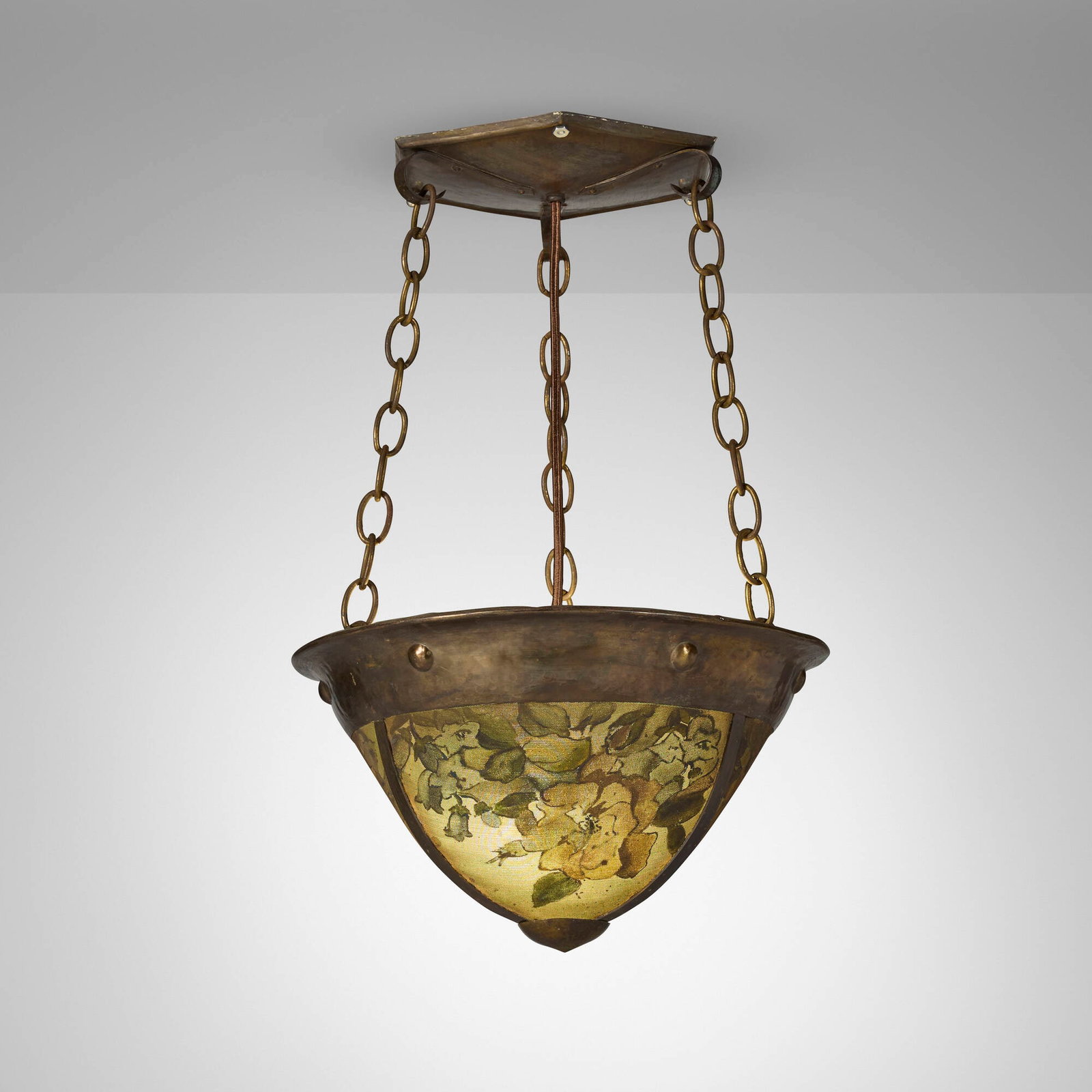Lillian Palmer, Hanging fixture with roses for the Lucy M. Pray House, Berkeley, California: Lillian Palmer Hanging fixture with roses for the Lucy M. Pray House, Berkeley, California USA, c. 1904-1915 patinated brass, hand-painted brass mesh, brass-plated steel 20 h x 13.25 dia in (51 x 34 c