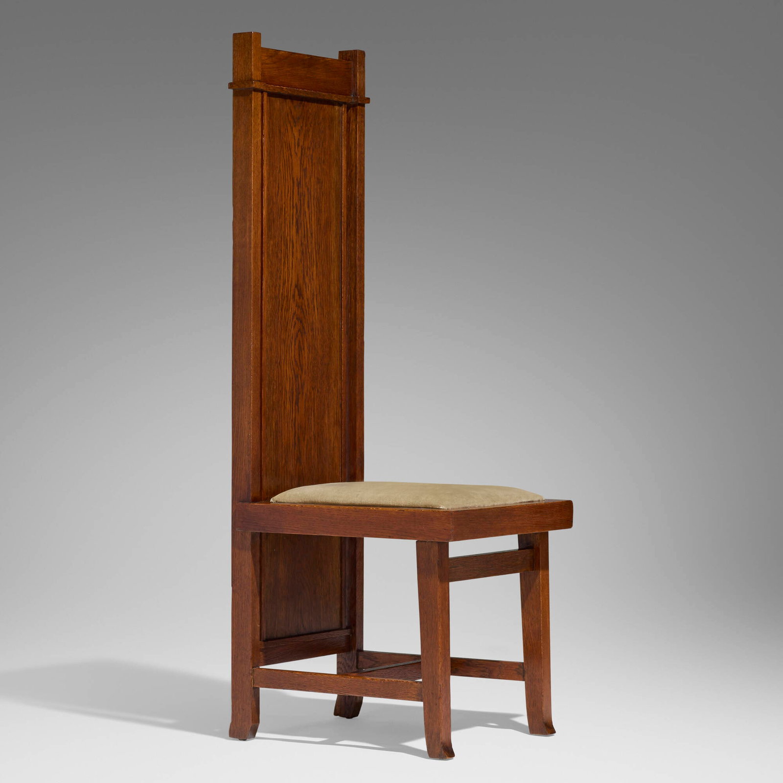 Frank Lloyd Wright, Tall back chair from Browne's Bookstore, Chicago: Frank Lloyd Wright Tall back chair from Browne's Bookstore, Chicago USA, c. 1907 oak, mohair upholstery 47.75 h x 15.5 w x 19 d in (121 x 39 x 48 cm) Provenance: Browne's Bookstore, Chicago | D