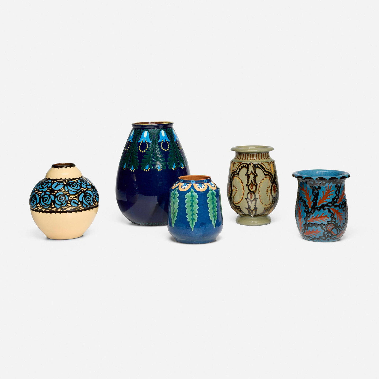 Max Laeuger for Karlsruher Majolika, Collection of five vases: Max Laeuger for Karlsruher Majolika Collection of five vases Germany, c. 1925 glazed earthenware with squeeze-bag decoration largest: 12 h x 8 dia in (30 x 20 cm) smallest: 6.75 h x 5 dia in (17 x 13