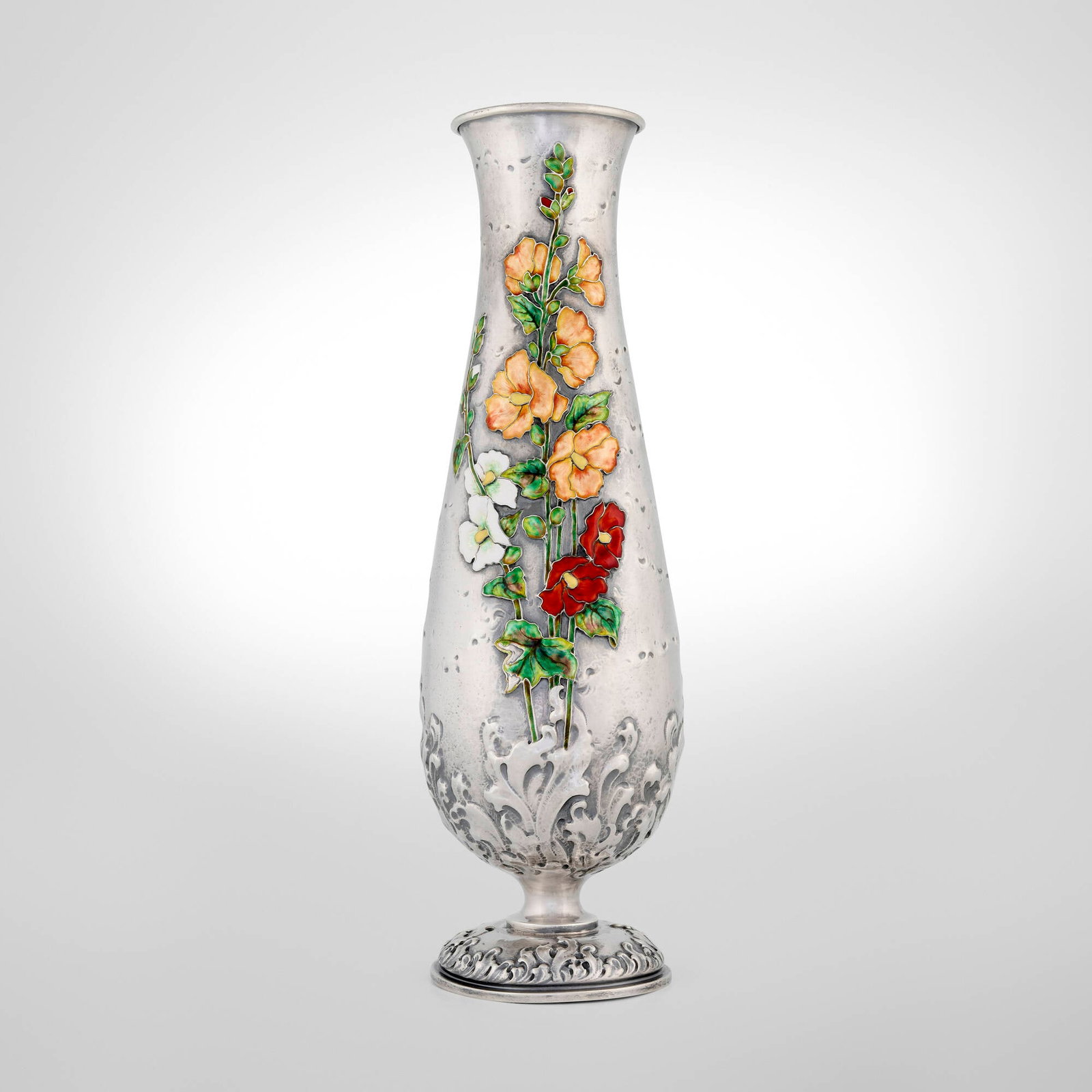 Gorham Manufacturing Company, Rare and Tall Aesthetic Movement vase with hollyhocks: Gorham Manufacturing Company Rare and Tall Aesthetic Movement vase with hollyhocks Providence, USA, 1897 sterling silver, polychrome enamel 17.75 h x 5.5 dia in (45 x 14 cm) The present work,