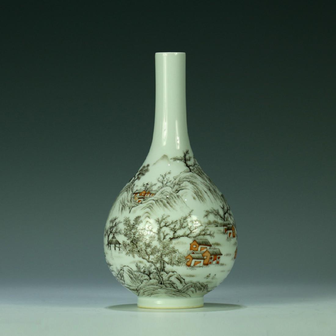 An ink colour long-neck vase with landscape decoration (1 of 8)