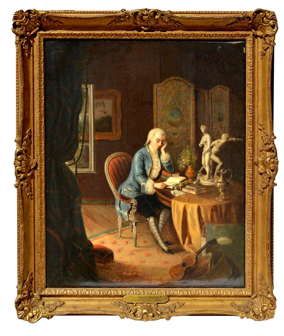 In the Library: NN333 GN: Auguste Coomans Belgian (1850-1884), In the Library 1859, Oil on Canvas. Signed & dated lower left