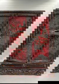 Antique Chinese red lacquer wood table cabinet