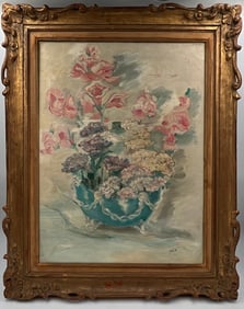 FIower, oil on canvas painting by Inez signed by the artist