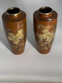 Vintage Japanese pair of metal vases