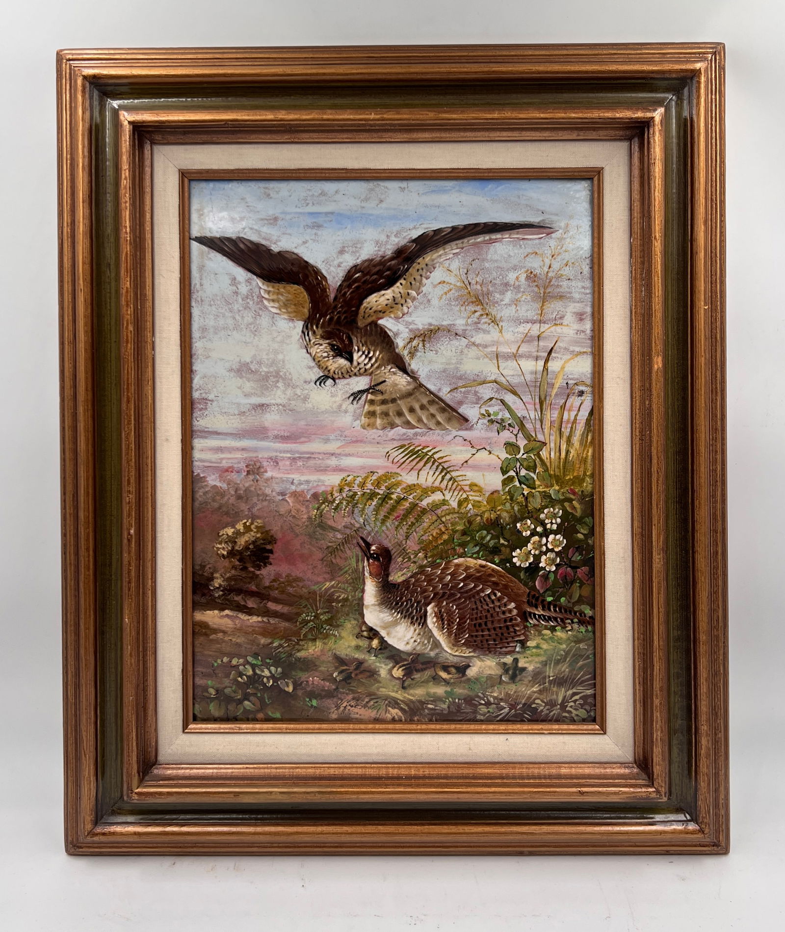 European Porcelain Tile: Large European print painting on porcelian tile, in matboard and multi-layered frame made by Oak wood