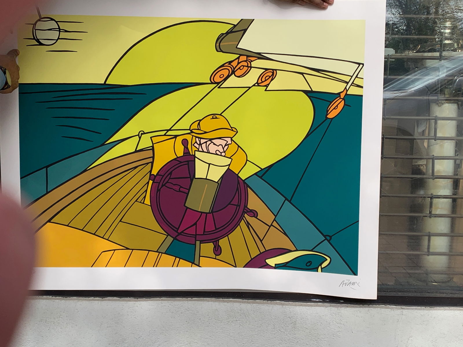 Valerio Adami lithograph "The Sailor" stamped & signed: Numbered 144/150 lower left. Stamped Arcay France. Signed lower right