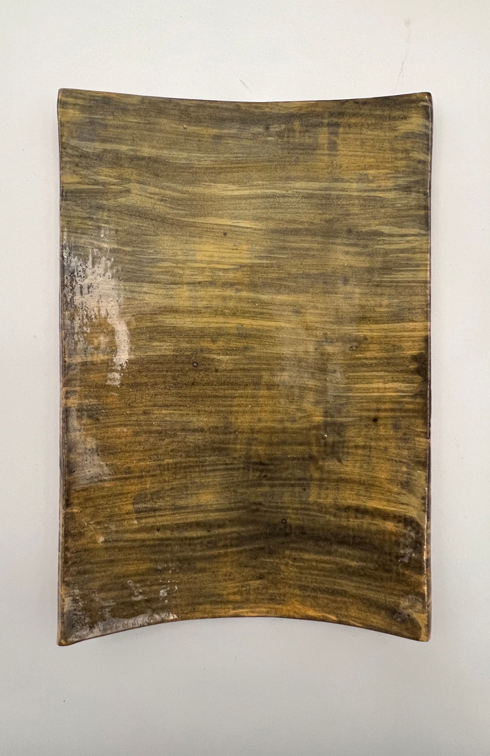 Toshiko Takaezu plate: Fig Green glazed ceramic plate, Signed on the back