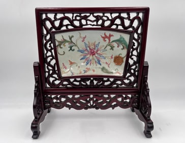 Chinese porcelain plaque in original frame & stand