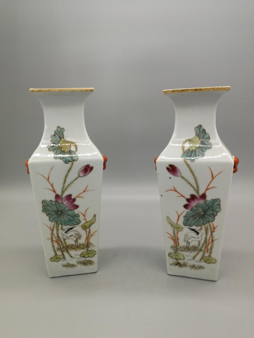 China, Colour enamels Square Mouth Vases: Each of these two vase has a square mouth, the outer wall of the vase is painted with the same pictures, one side is colorful lotus and crane, the other side is a bird standing in a branch above flowe
