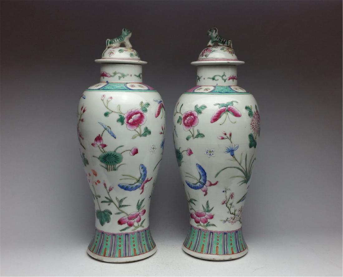 Pair of pastel flower and bird pattern covered jars (1 of 6)
