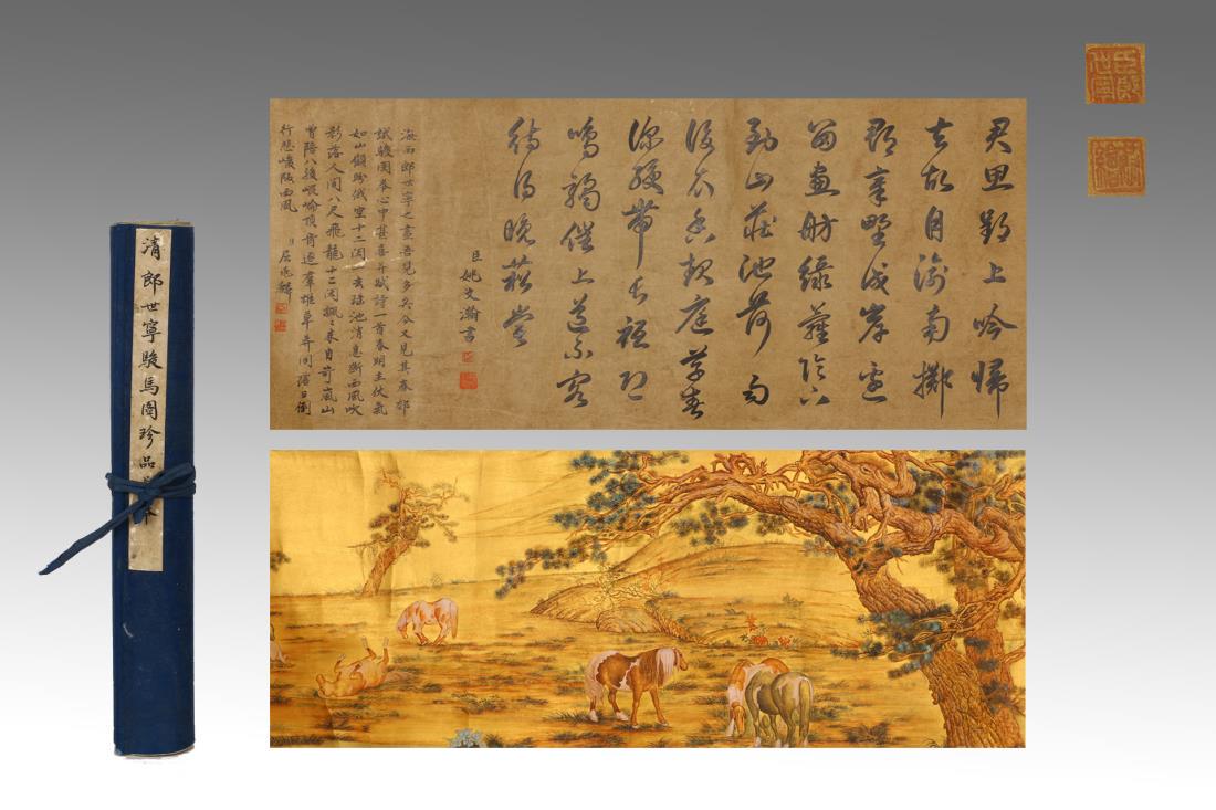 HAND SCROLL PAINTING OF HORSES, LANG SHINING: Dimension: 345 cm * 32 cm Ink and color on paper, hand scroll Weight: 418g Signed and sealed. Qing Dynasty Giuseppe Castiglione (Jesuit painter)