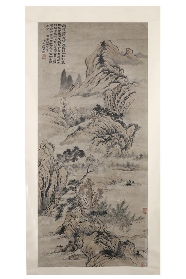 CHINESE PAINTING OF MOUNTAIN LANDSCAPE, SHI TAO: Dimension: 135 cm * 57 cm Ink and color on paper, mounted Weight: 735g Signed and sealed.