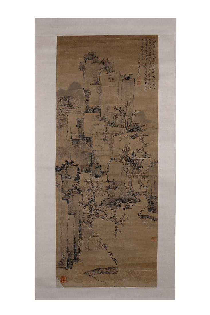INK PAINTING OF LANDSCAPE, BUDDHIST MONK HONGREN: Dimension: 113 cm * 45 cm Ink on paper, mounted Weight: 677g Signed and sealed.