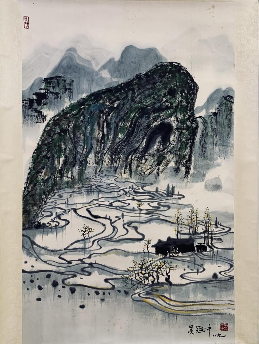 CHINESE SCROLL PAINTING OF A COTTAGE IN MOUNTAIN: Dimension: 95*58cm. Ink and color on paper. Scroll painitng.