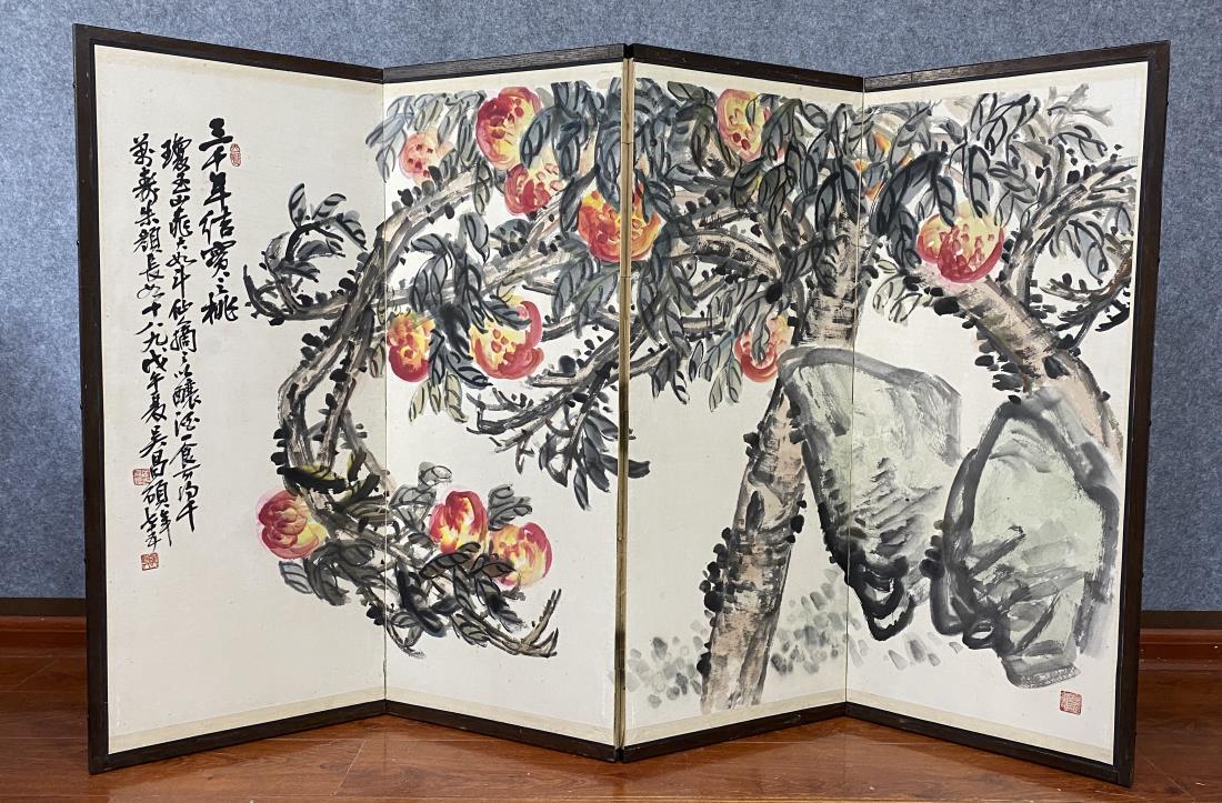 A FOLDING SCREEN PAINTING OF PEACH, WU CHANGSHUO: A folding screen painting of peach by Wu Changshuo. Ink and color on paper, Folding screen. Dimension: Inner Painting: 97 cm x 42 cm. Full Screen: 106 x 174 cm. All measurements are approximate.