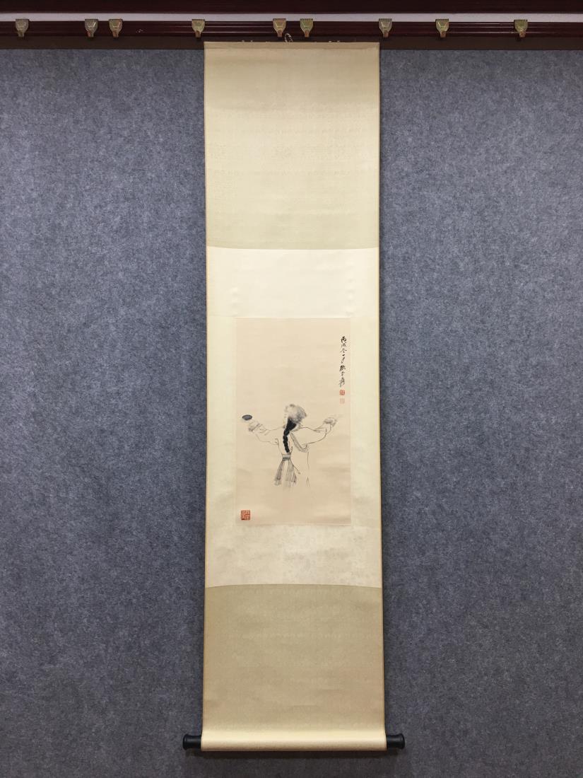 AN INK PAINTING OF A LADY, CHANG DAI-CHIEN: An ink painting of a lady by Chang Dai-chien. Ink and on paper, Hanging Scroll. Dimension: Inner Painting: 55 cm x 31 cm. All measurements are approximate.