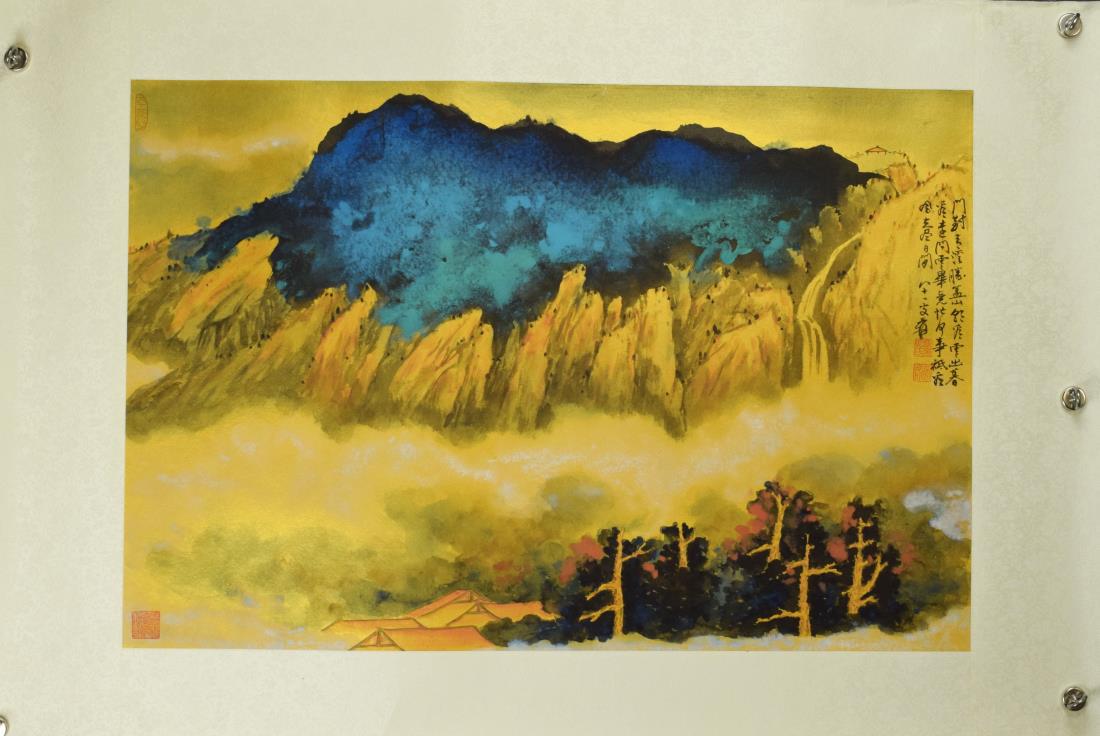A SPLASHED PAINTING OF LANDSCAPE, CHANG DAI-CHIEN: Ink and color on paper, Mounted. Dimension: Inner Painting: 68 cm x 45 cm. All measurements are approximate.