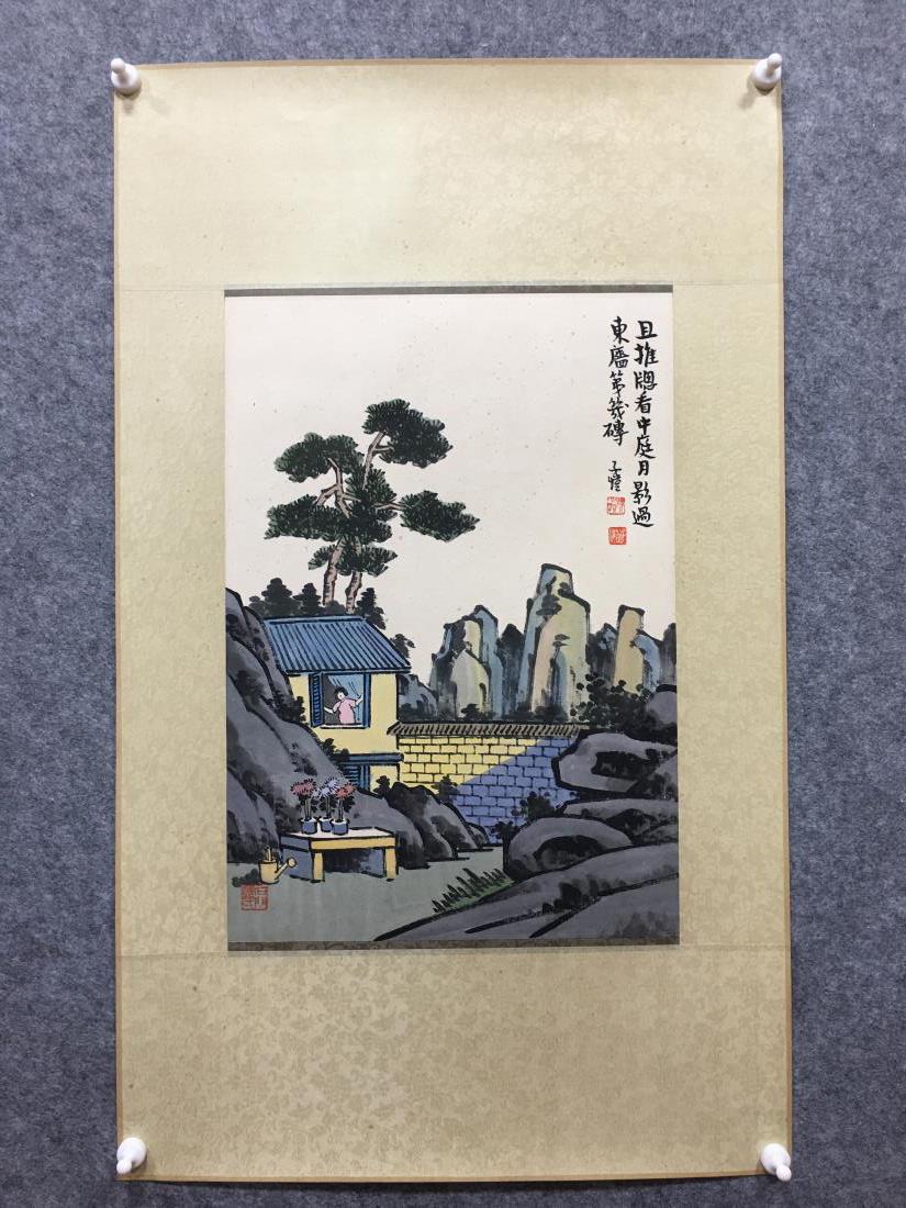 A CHINESE CARTOON PAINTING, FENG ZIKAI: Ink and color on paper, Mounted. Dimension: Inner Painting: 45 cm x 31 cm. All measurements are approximate.