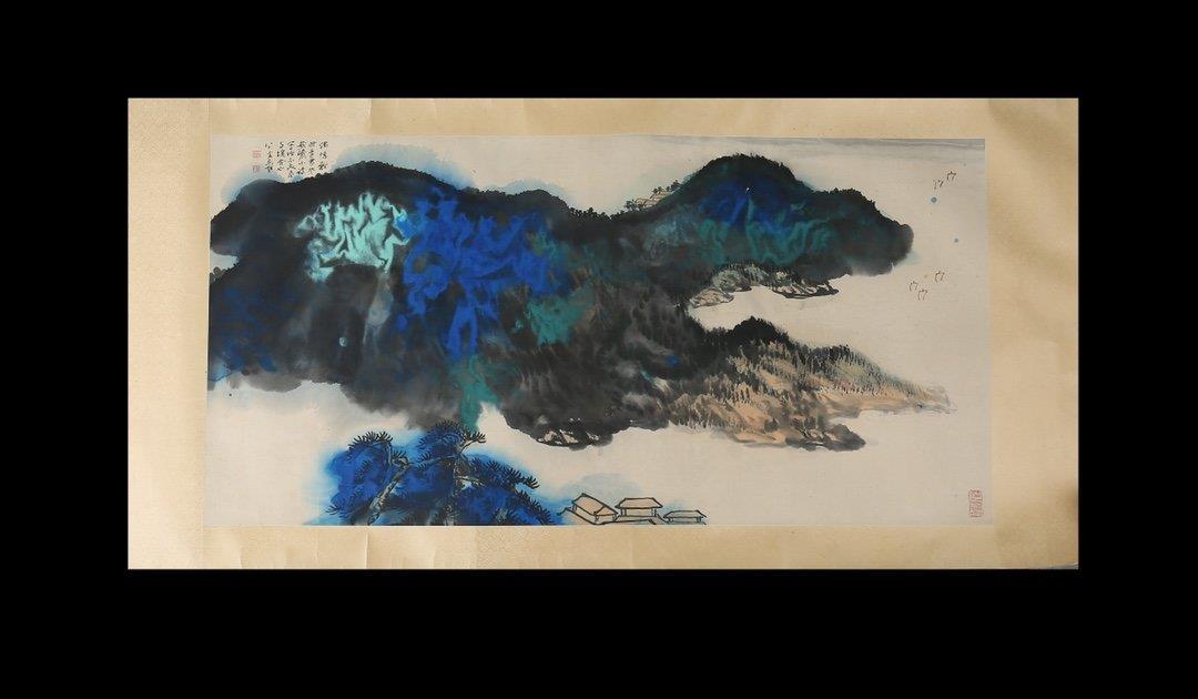 A PAINTING OF SPLASHED LANDSCAPE, CHANG DAI-CHIEN: A painting of splashed landscape by Chang Dai-chien. Ink and color on paper, Mounted. Dimension: Inner Painting: 68 cm x 136 cm. All measurements are approximate.