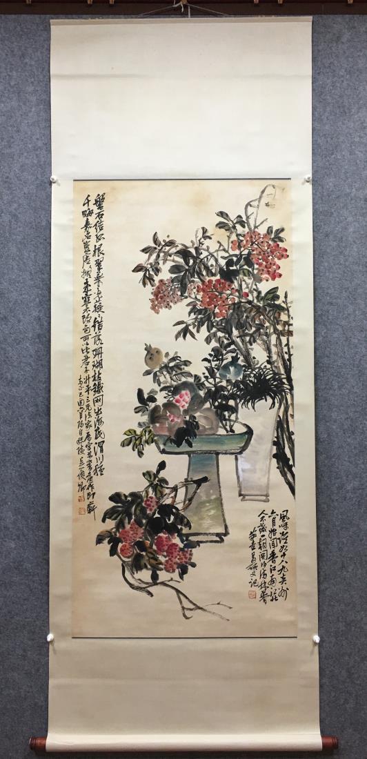 CHINESE PAINTING OF FLOWERS & FRUIT, WU CHANGSHUO: Ink and color on paper, Hanging scroll. Dimension: Inner Painting: 138 cm x 66 cm. All measurements are approximate.