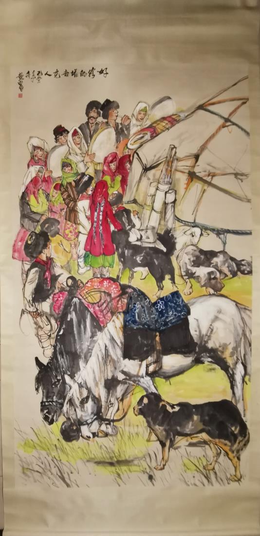 A CHINESE PAINTING OF GATHERING, HUANG ZHOU: Ink and color on paper, Hanging scroll. Dimension: Inner Painting: 251 cm x 140 cm. All measurements are approximate.
