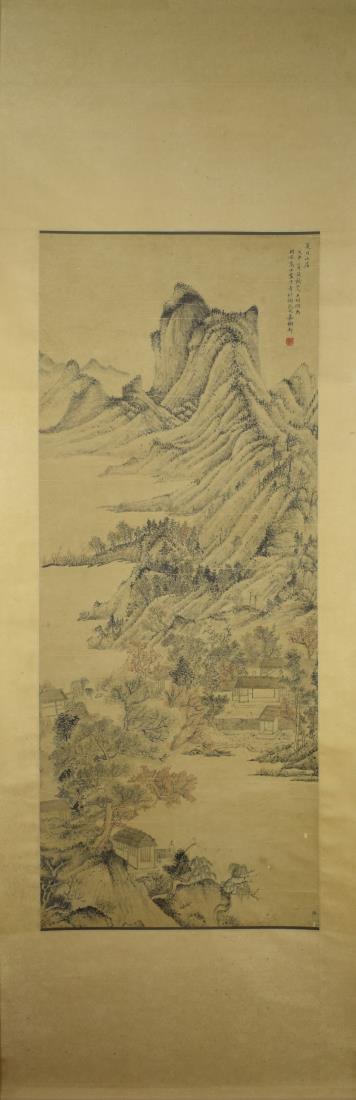 A CHINESE PAINTING OF LANDSCAPE, WANG MENG: Ink and color on paper, Hanging scroll. Dimension: Inner Painting: 136 cm x 55 cm. All measurements are approximate.