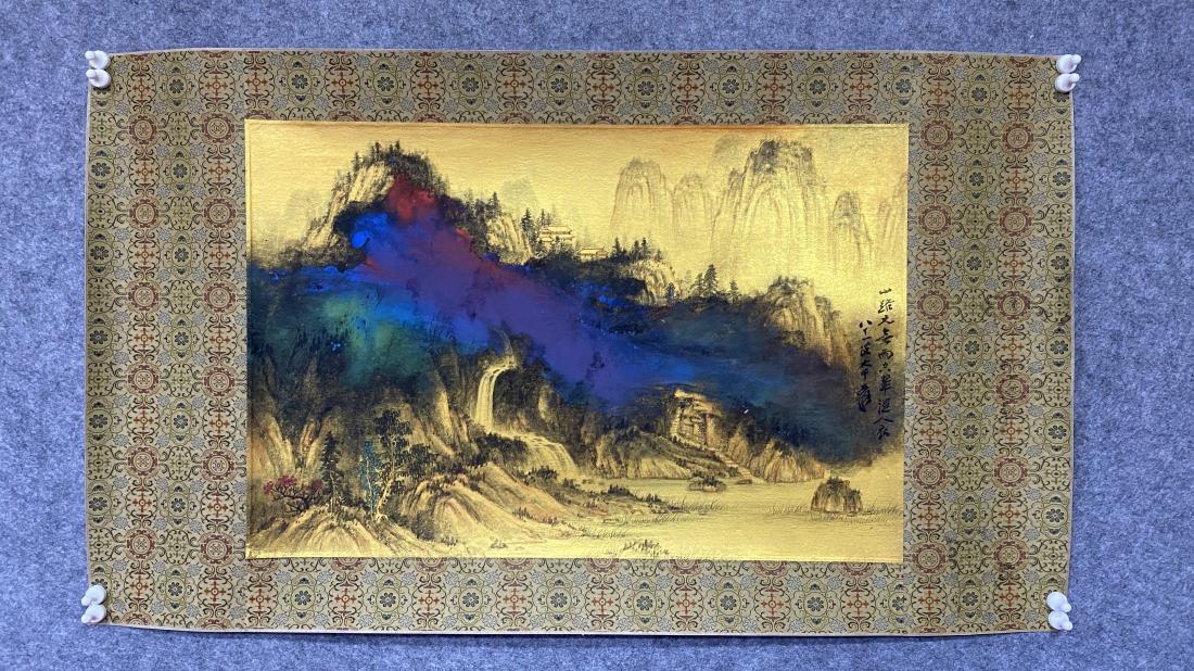 A SPLASH PAINTING OF LANDSCAPE, CHANG DAI-CHIEN: A splash painting of landscape by Chang Dai-chien. Ink and color on gold paper, Mounted. Artist signature and seal. Dimensions: Inner Painting: 45 cm x 68 cm. All measurements are approximate.