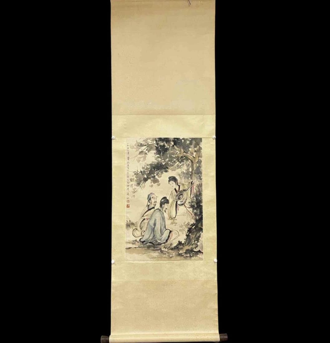 A PAINTING OF FIGURES, FU BAOSHI: A painting of figures by Fu Baoshi. Ink and color on paper, Hanging Scroll. Artist signature and seal. Dimensions: Inner Painting: 69 cm x 43 cm. All measurements are approximate.