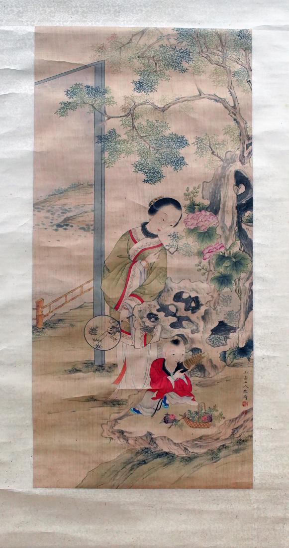 A PAINTING OF LADY AND KID IN GARDEN, GAI QI: A painting of lady and kid in garden by Gai Qi. Ink and color on paper, Hanging Scroll. Artist signature(s) and seal(s). Dimensions: Inner Painting: 88 cm x 40 cm. Full Scroll: 213.5 cm x 56.5 cm. All