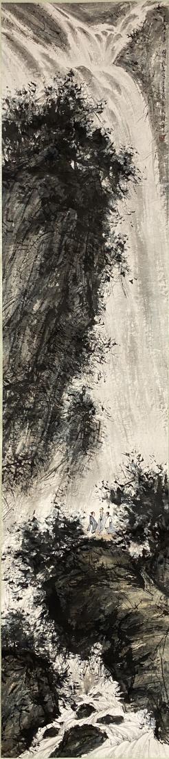 A CHINESE PAINTING OF LANDSCAPE, FU BAOSHI: A Chinese painting of landscape by Fu Baoshi. Ink and color on paper, Hanging Scroll. Artist signature(s) and seal(s). Dimensions: Inner Painting: 178 cm x 40 cm. All measurements are approximate.