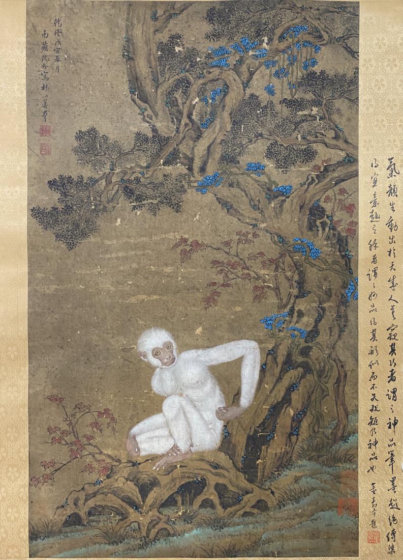 A PAINTING OF WHITE APE UNDER PINE TREE, SHEN QUAN: A painting of white ape under pine tree by Shen Quan. Ink and color on silk, Hanging Scroll. Artist signature(s) and seal(s). Dimensions: Inner Painting: 93 cm x 49 cm. All measurements are approximat