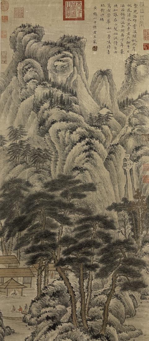 PAINTING OF PINE TREE AND MOUNTAIN VIEW, WANG MENG: Painting of pine tree and mountain view signed Wang Meng. Ink and color on paper, Hanging Scroll. Artist signature(s) and seal(s). Dimensions: Inner Painting: 130 cm x 57 cm. All measurements are appr