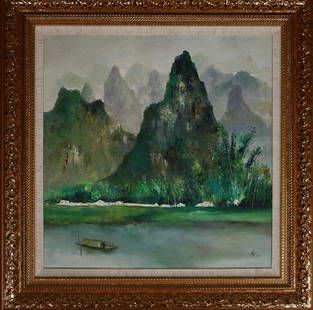 Attributed to Wu Guan Zhong: Chinese oil painting by Wu Quanzhong.Framed.Depicting a Jiangnan landscape,mountains in the distance,the green water and ship are near.Signed with seal marks. 26 inches x 26 inches.Provenance:Orange c