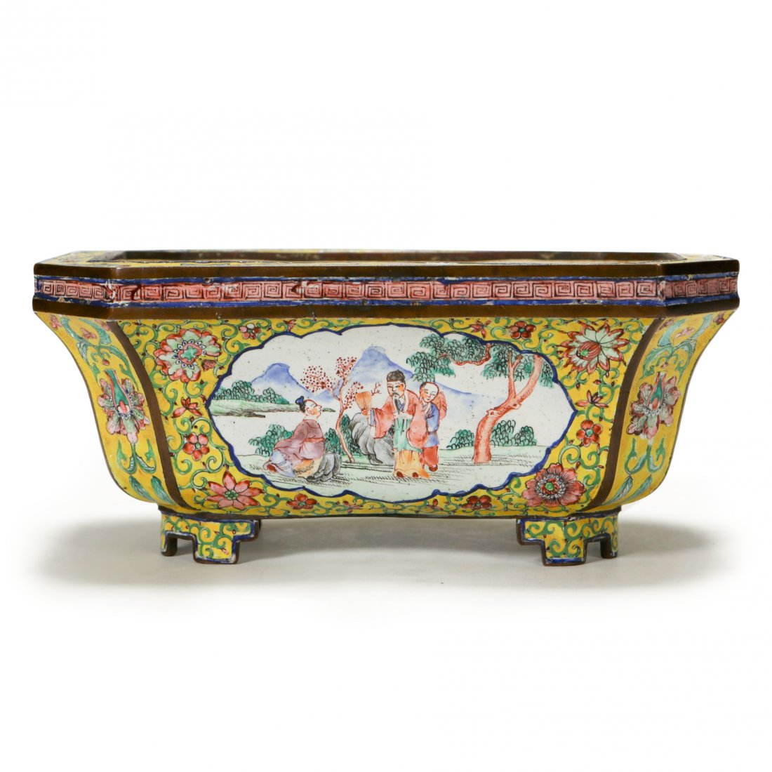 A Yellow-Ground Enamelled Bronze Jar: A Chinese antique yellow-ground famille rose style bronze water jar. Six-character Qianlong mark on the base. Size: 7 1/2 x 5 x 3 1/4 (inch).