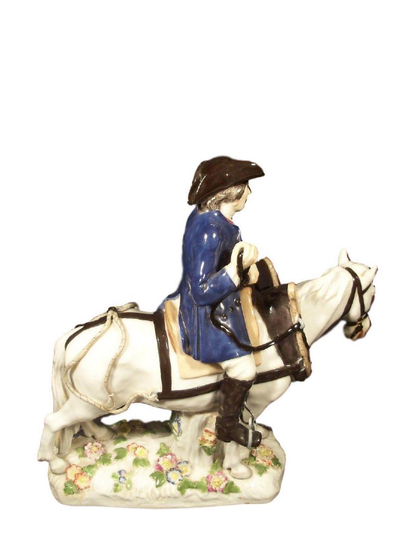 Antique Meissen Porcelain Figure of Man on Horseback: Beautiful Meissen Porcelain Figure of Man on Horseback BLUE CROSSED SWORDS MARK, INCISED 1175, PRESSNUMMERN 52 AND PAINTED no. 67 A Meissen porcelain figurine, depicting a male farmer in blue coat, re