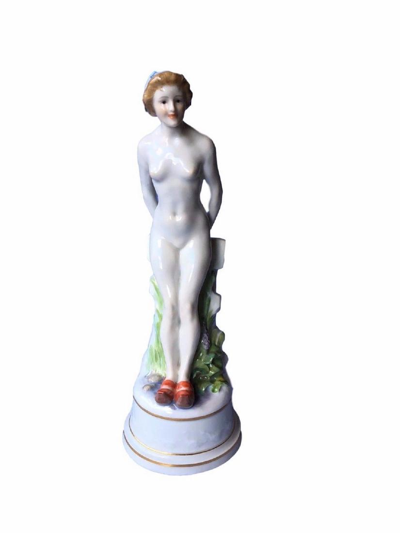 Rare Antique Art Nouveau Meissen Porcelain Figure of a: Antique Meissen Porcelain Figure of a Nude Dutch Female BLUE CROSSED SWORDS MARK , INCISED A296 , PRESSNUMMER 85 and 36, Modelled by Emmanuel Jules Joe-Descomps Dutch Nude Female Attired in Wooden Sho