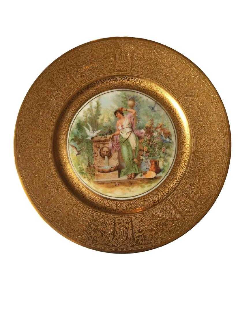 Royal Vienna Style Plate 22K gold: Royal Vienna Style Plate. Heavily embossed with 22k gold around rims and with Neo Classical scene at center. Each measures 10.5 inches in diameter.