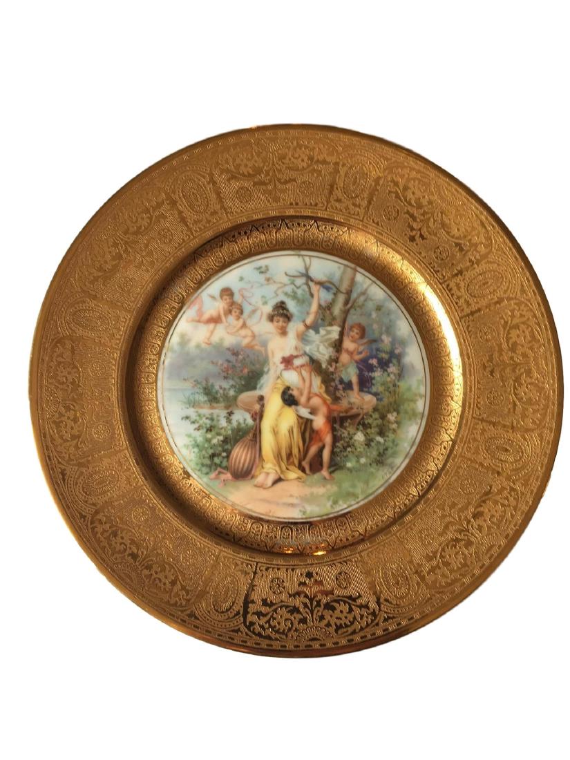 Royal Vienna Style Plate 22K gold: Royal Vienna Style Plate. Heavily embossed with 22k gold around rims and with Neo Classical scene at center. Each measures 10.5 inches in diameter.